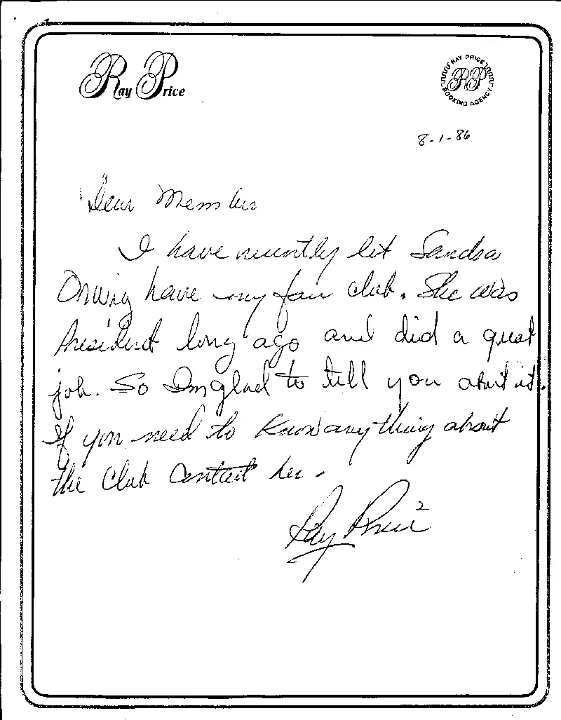 Letter from Ray Price giving Sadra Orwig the premission to run the fan club