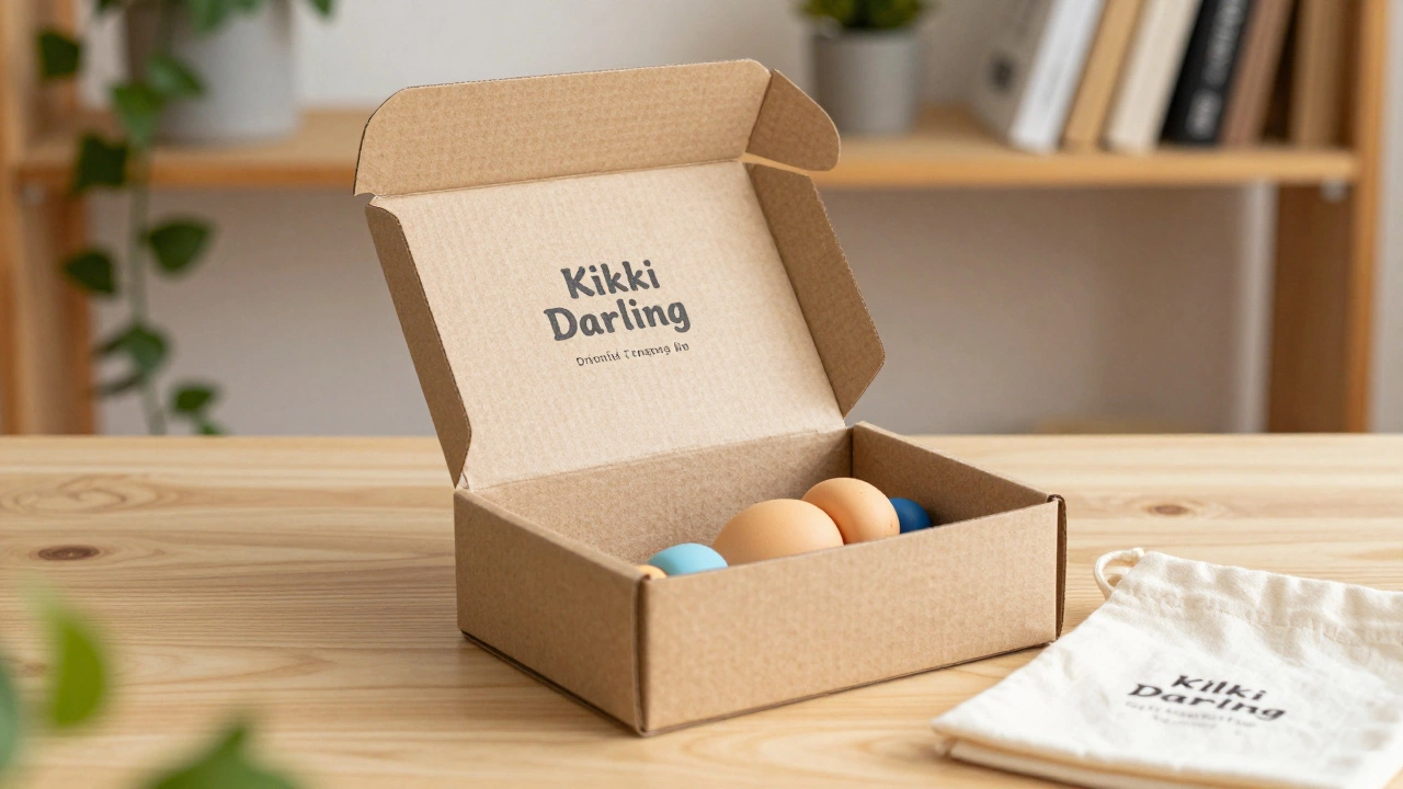 Eco-friendly packaging for a sex toy on a wooden shelf with plants and natural textures.