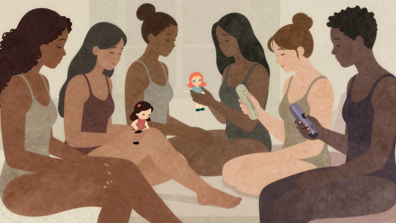 Silhouettes of diverse individuals gently interacting with gender-neutral intimacy devices.